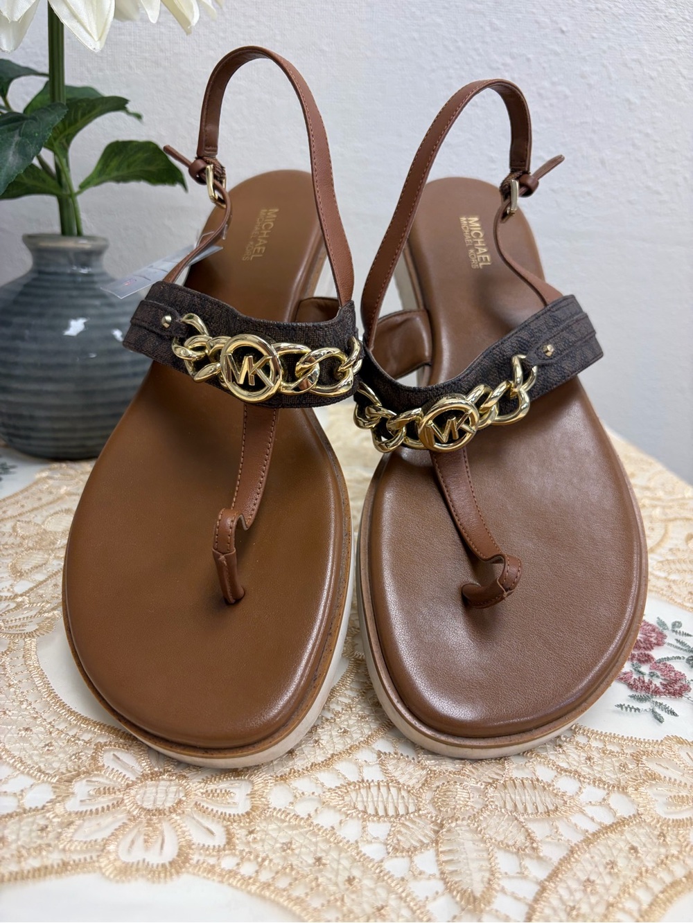 Michael Kors Brown and Gold Logo Chain T-Strap Sandals